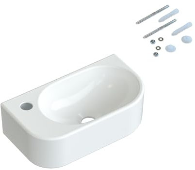 Waschbecken Keramik Waschtisch Hängewaschbecken klein Handwaschbecken Weiß Oval 40 x 21 cm Badezimmer Gäste WC Hahnloch Links mit Stockschrauben | OHNE Überlauf | OHNE Wasserhahn | OHNE Ablaufventil