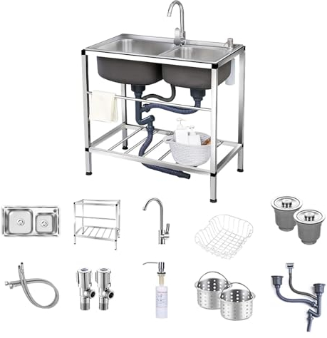 Freistehend Edelstahl Spültisch Küchenspüle 2 Becken, Gewerbliche Spüle Komplettspüle mit Wasserhahn und Ablageflächen, Multifunktions waschtisch Innen Außen