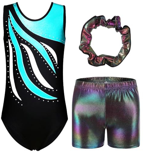 FINGER TEN Gymnastikanzug Mädchen Kurzarm Langarm Kinder Ballettanzug Gymnastik Training Gymnastikbody Trikotanzug Tanz Kleid (Türkis, Tag 10A (9-10 Jahre))