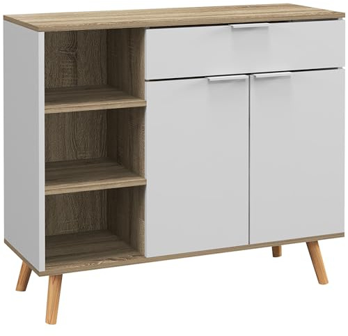 HOMCOM Aparador de Salón Moderno con 1 Cajón 95x35x85 cm Blanco y Natural | Aparador de Cocina, 2 Puertas de Cierre Suave, Estantes Ajustables, Comedor Pasillo Dormitorio