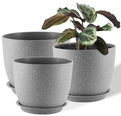 FORAGIFT Vasi per Piante da Interno di 25/23/20 cm - Set di 3 con Fori di Drenaggio e Sottovaso, Plastica Decorativa Moderna Grigio