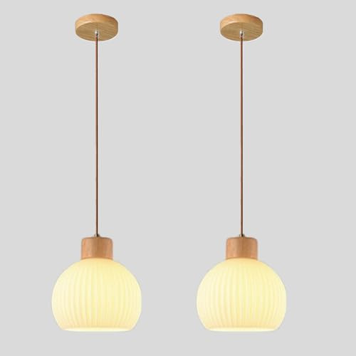 LIGKIN 2 Stück Pendelleuchte Glas E27 Hängeleuchte Retro Kronleuchter Glas Lampenschirm Deckenleuchte Holz Deko für Schlafzimmer Wohnzimmer Kaffee, Ø20cm