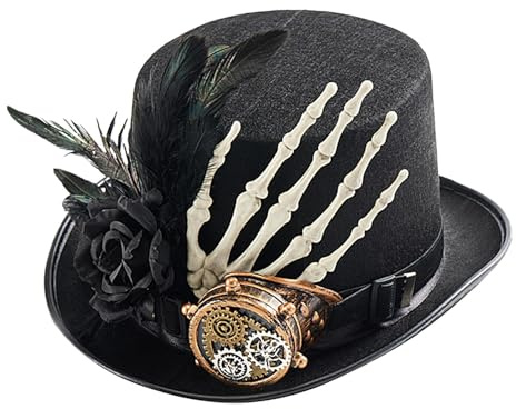 Generisch Schwarzer Steampunk-Hut, Steampunk-Zylinder - Skelett Hand Vintage Zylinder | Schwarze Gothic-Cosplay-Kostüme, Unisex-Kostüme für Partys, Festivals