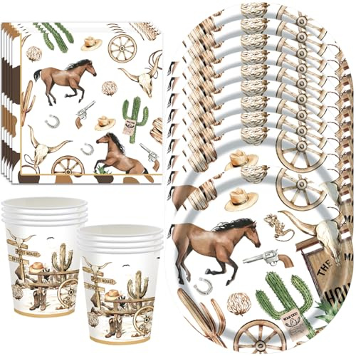 YGCHEN Western cowboy festservis barnfödelsedag dekoration häst party servis västerländsk födelsedag pappersmugg papperstallrik servetter cowboy födelsedag porslin set 10 personer