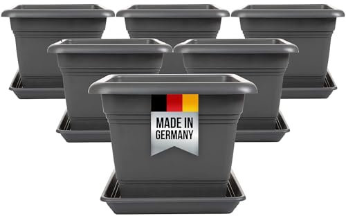 Lot de 6 grands pots de fleurs d'extérieur - 40 x 40 cm - 46 l - Avec soucoupe - En plastique - Fabriqué en Allemagne - Anthracite