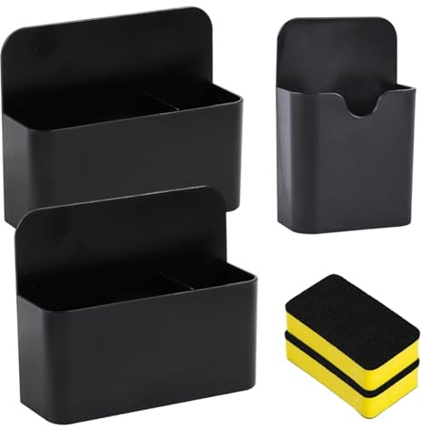 Ksvaye 3 st magnetisk pennhållare, svart, magnetisk markörhållare, med 2 svampar, för kylskåp, magnetisk tavla, hem, kontor, skola