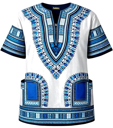 Adalex Global traditionell afrikansk unisex dashiki skjorta färg tribal festival hippie, perfekt för män kvinnor afrikansk kortärmad sommarkläder, Vit blå, M