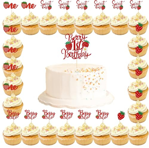 Berry First Birthday – Lot de 25 décorations de gâteau à la fraise avec 1 grande et 24 petites décorations de gâteaux, décorations de fête à la fraise pour 1er anniversaire avec motif « Sweet One » et