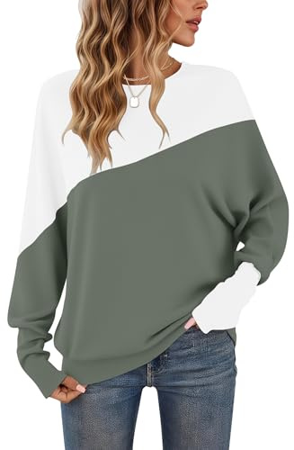 WNEEDU Langarmshirt Damen ColorBlcok Fledermausärmel Herbst Pullover Damen | Patchworkfarbe Zweifarbig Sweatshirt Damen Lässig Farbblock Oberteile damen Enge Manschetten