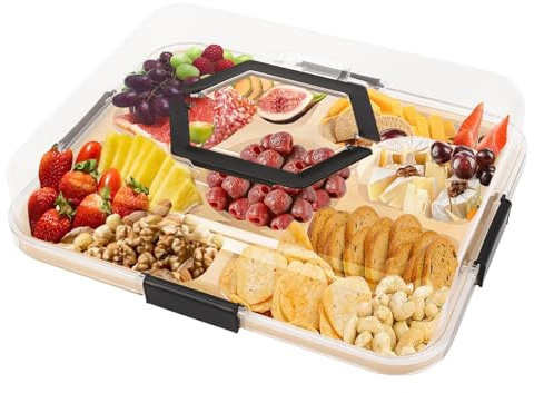 Tefola Bandeja para servir dividida, organizador portátil, 5 compartimentos, tabla con tapa transparente y asa, caja de aperitivos, organizador de charcutería y platos de aperitivos a prueba de fugas