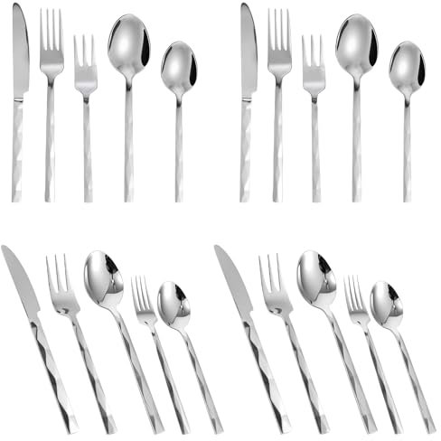 Eyoulife 20 posate da bistecca per 4 persone, in acciaio inox, con coltello, forchetta, cucchiaio, lucidato, per bistecca, pizza occidentale, dessert lavabile in lavastoviglie