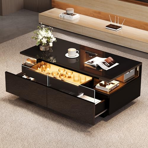BTM Speicher-Couchtisch mit LED Licht und 2 Schubladen 90x45x35.5 cm Couchtisch fürs Wohnzimmer Hochglanz Sofatisch mit Tablett und gehärtetem Glas Schwarz
