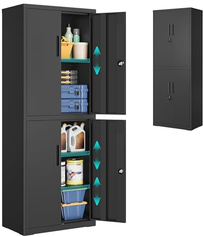 SONGMICS Armario de Garaje de 5 Estantes con 4 Puertas, Armario de Oficina, 40 x 60 x 180 cm, 2 Cerraduras, Estantes Ajustables, Gabinete de Metal, Negro Mate OMC017BD01