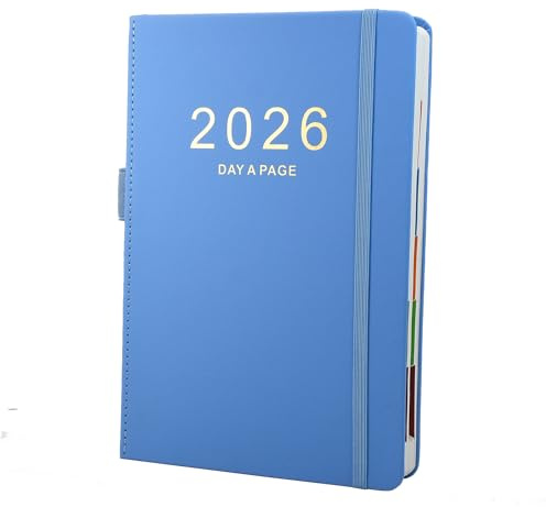 Terminplaner 2026, A5, Tag pro Seite, Terminplaner 2026 von Januar bis Dez, Produktivität, A5-Tagesplaner, Ganzjahresplaner mit bunten monatlichen Registern, feine Innentasche, 15 x 21,6 cm, Blau