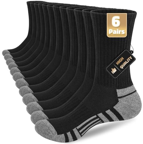 6 Pairs Mens Socks, Crew Sports Work Walking Socks 6-11 Black White Socks | Soft Cotton Cushioned Sole, Breathable Stretch Athletic Crew Socks for Hiking Work Running Cycling Daily Outdoor Use