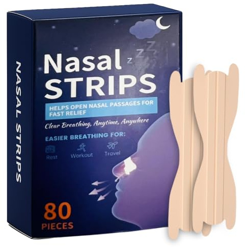 Nasal Strips 80 Pieces Nose Strips for Breathing Snore Strips for Sleep and Sports Relieve Blocked Nose from Colds and Allergies Drug Free Snoring Strips for Easy Natural Breathing