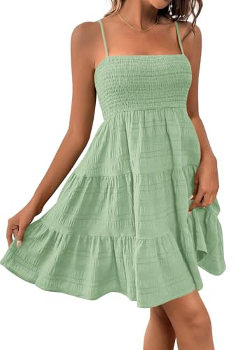 CFLONGE Womens Sleeveless Smocked Mini Dress Flowy Cute Summer Dresses Boho Spaghetti Strap Tiered A Line Casual Sundress(Mint Green,Medium)