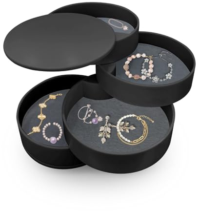 ROEOWENE Schmuckaufbewahrung Rund Drehbar Schmuckkästchen Klein-Schwarz | 4 Ebenen Schmuckkasten Mädchen Schmuck Organizer Box Jewelry Schmuckschatulle Schmuckdose für Ringe,Ohrringe,Halsketten