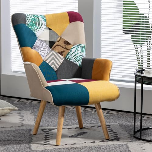 Aunekiv Patchwork Sessel Relaxsessel Leinen Loungesessel mit Massivholzfüße Ohrensessel für Wohnzimmer, Schlafzimmer, Leseecke, Bunt