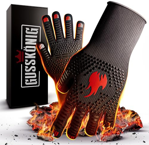 GUSSKÖNIG Grillhandschuhe hitzebeständig bis 800 Grad (X-S) - feuerfeste Handschuhe aus Aramid - Grillhandschuh Kochhandschuhe für Indoor&Outdoor Kochen (Rot)