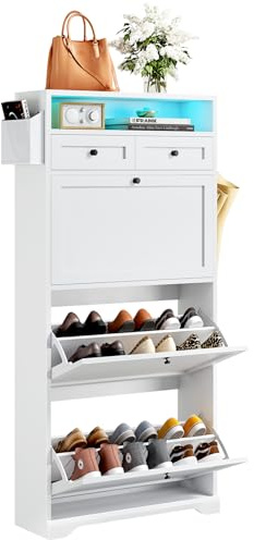 Dripex LED Shoe Cabinet with 3 Flip Drawers, Adjustable Shelf, for Entryway | Shoe Cupboard with 2 Drawers & 1 Open Space, Anti-Tipping Device, Ample Storage