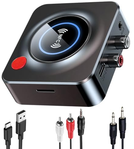 Receptor Bluetooth 5.1, adaptador Bluetooth inalámbrico RCA 3.5mm Jack AUX Receptor de audio estéreo HiFi para coche, smartphone, tableta, altavoz en casa, soporte para tarjeta TF y función NFC