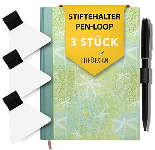 LifeDesign Stifthalter, Stiftschlaufe, selbstklebend für Notizbuch, Kalender, Klemmbrett, schwarz, transparentes Pad, 3 Stück