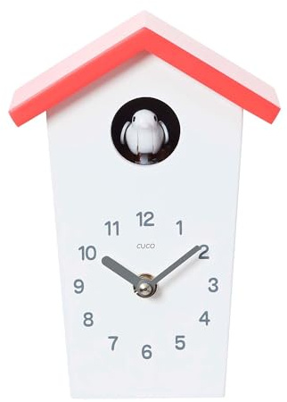 Cuco Clock Mini Kuckucksuhr 17 x 12,4 x 9cm Weiß/Rot Holz | Wanduhr Modell HOCHHAUS, Moderne Schwarzwalduhr, Wanduhr mit Nachtruhefunktion, Kuckucksruf Vogelstimme, Quarzuhrwerk