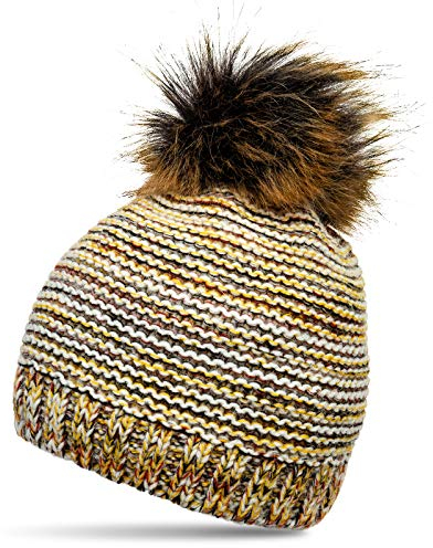 Caspar MU199 Damen Strickmütze mit XL Kunstfell Bommel, Farbe:Curry, Größe:One Size