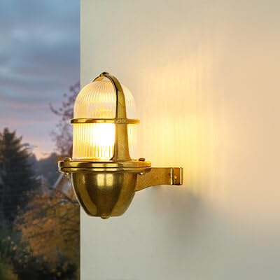 Licht-Erlebnisse Außenlampe Wand aufwärts aus Echt-Messing IP64 E27 H:18cm rostfrei Schiffslampe Wandlampe Außenleuchte Wandleuchte maritim Hof Garten
