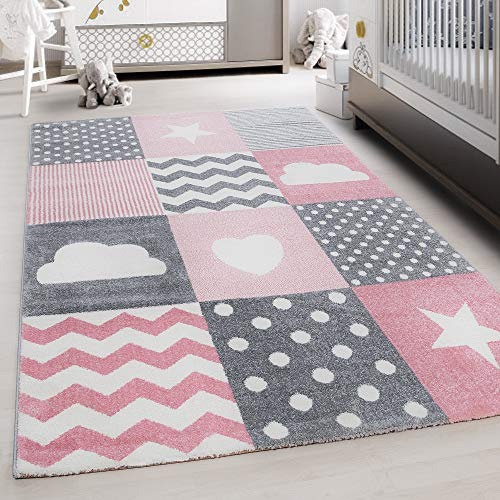 Teppium Kinderteppich für Jungen und Mädchen Herz- und Stern Muster 80 x 150 cm Pink - Kurzflor Waschbarer Teppich Extra Weich und Antiallergen - Teppich für Kinderzimmer, Babyzimmer und Spielzimmer