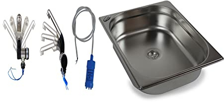 Edelstahl Spülbecken Camping Spüle Waschbecken + Ablauf 325x265x100 mm + 12V Automatikwasserhahn Barwig Chrom/Schwarz + 12V Tauchpumpe 10L/min. (ad-ideen)
