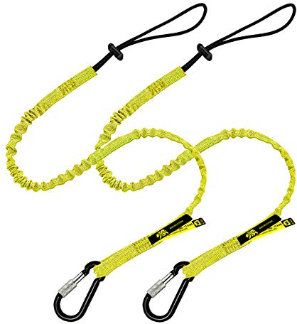 BearTOOLS Tool Lanyard with Buckle Strap - Clip Bungee Cord - Heavy Duty Screw Locking Carabiner - Fall Protection and Safety - Adjustable Loop End - Tough Tether - Construction - 2PK (Yellow 0922YS)