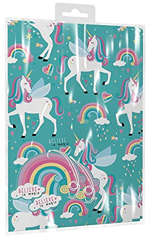Juego de 2 hojas de papel de regalo de cumpleaños de unicornio con etiquetas
