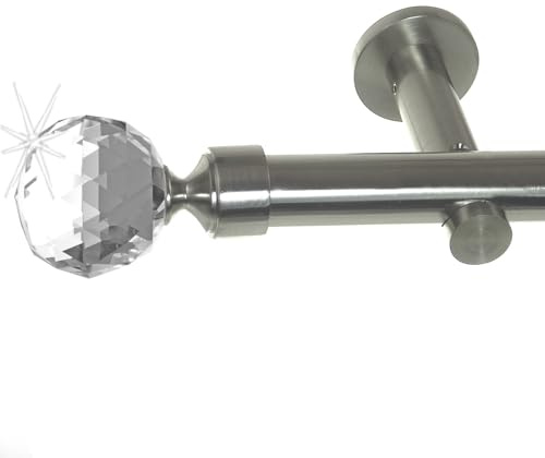 BASIT Gardinenstange Edelstahllook 20mm 1-läufig Wand 400cm lang H31 | Gardinenstangenset einläufig Wandmontage Metall Vorhangstange Wandhalterung 120-600cm wählbar Kappe Kristall Kugel E87