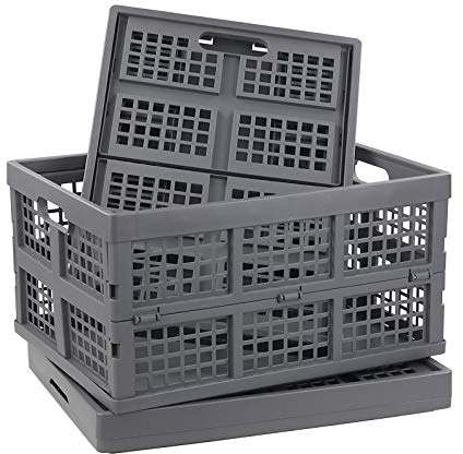 Nesmilers 3 Packs Plastic Collapsible Crates Folding Baskets Organizing Bin (32 L)