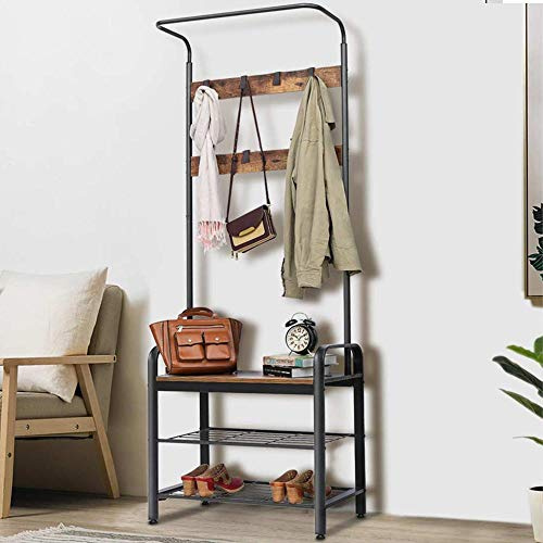 BAKAJI Hängare Hängare 9 Krokar Metallram med bänk Sko 2 Hyllor Skor Träsits Mörk MDF Design Modern Industriell Storlek 73 x 34 x 183 cm