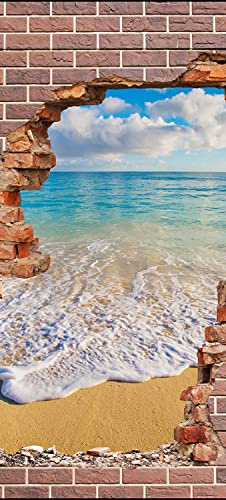 wandmotiv24 Türtapete 3D Backstein, Strand, Meer, Urlaub 90 x 200cm (B x H) - Dekorfolie selbstklebend Sticker für Türen, Türfolie, Aufkleber, M1273