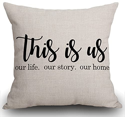 Smooffly Farmhouse Cushion Cover with This is Us Quote 18 x 18 for Farmhouse Decor Housewarming Gifts for New Home Decorative Throw Pillow Cover Cotton Linen Square Pillowcase 45x45cm