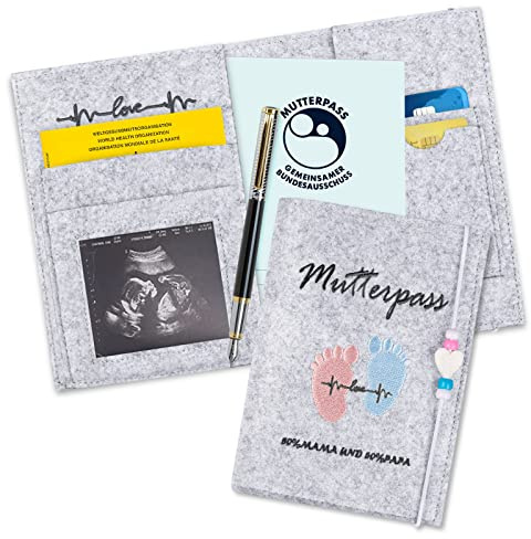 Mutterpasshülle aus Filz – mit Fächern für Versicherungskarten, Ultraschallbilder & Impfpass – Geschenk für Schwangere & werdende Mütter (Hellgrau)