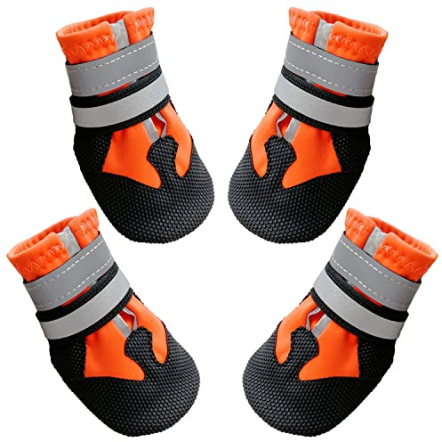 AMOMYDOG Hundeschuhe, 4 Stück Atmungsaktive Hunde Schuhe Outdoor mit Rutschfester Sohle, Verstellbarem Reflektierendem Klettverschluss Hundestiefel für kleine, Mittlere und Große Hunde (Orange, XXL)