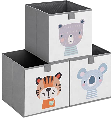 Navaris Kinder Aufbewahrungsbox 3er Set - Regal Aufbewahrung 28 x 28 x 28 cm Spielzeugkiste - 3x Spielzeug Box faltbar für Kinderzimmer - Tier Motiv Kisten mit Griff - Toy Box Set