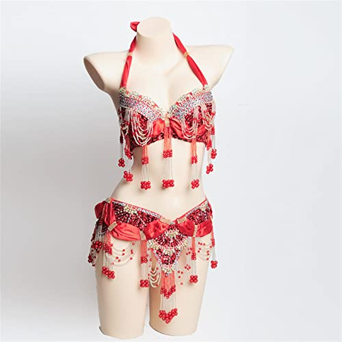 MQQYLBHDS Frauen Bauchtanz Kostüm Set Perlen Quaste Bauchtanzkleidung Nacht Bauchtanz Outfits Bauchtanz BH Gürtel 2-teiliges Set (Farbe: Rot, Größe: L)