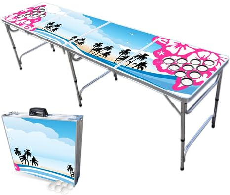PARTYPONG 8-Foot Folding Beer Pong Table w/Cup Holes - Hibiscus Edition
