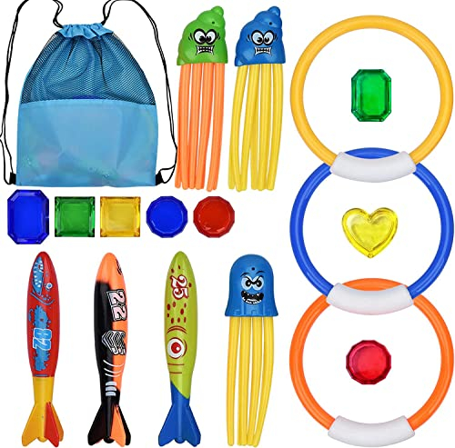 LVZONGXIN [18 Stück Tauchspielzeugset mit Netztasche, Tauchring Poolspielzeug, Pool Spielzeug Jahren Jungen Mädchen, Tauchspielzeug Tauchringe Kinder Set Poolspielzeuge Poolparty