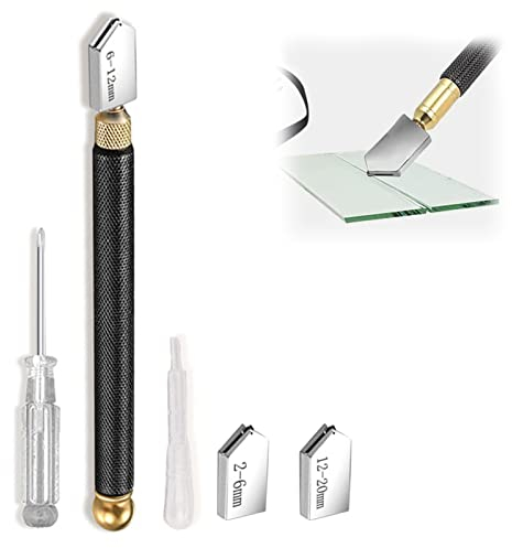 Glass Cutter Kit, Glass Cutting Tool, 2mm-20mm Professional Cutting Head, Upgrade Glass Cutter Tool 2mm-20mm, Glass Cutter Kit with Cutting Oil, with Replaceable 3 Carbide Cutting Heads