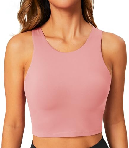 BAYDI Sportbehå för kvinnor utan bygel, bustier, högstängd, crop top, racerback, linne, avtagbar stoppning, yoga-bh, solig korall, XL