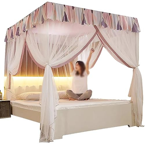 LONONE Prinzessinnen-Betthimmel, viereckige Pfostenvorhänge, Betthimmel, Edelstahl-Himmelbettrahmenvorhänge für Mädchen und Erwachsene,Rosa,Full