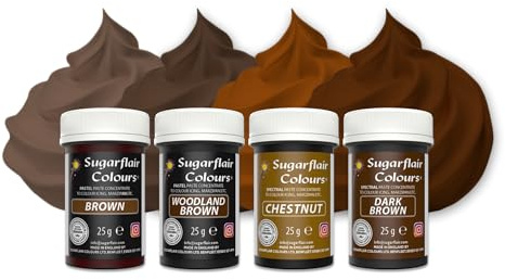 Sugarflair Pasta Lebensmittelfarben Brown Set/4, Pasta Lebensmittel Farben für Fondant, Marzipan, Zuckerpaste, Buttercreme und mehr: Chestnut, Dark Brown, Woodland Brown, Brown - Set/4