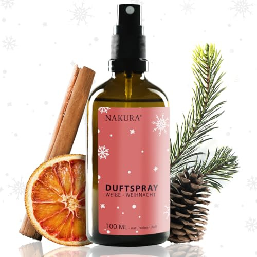 NAKURA® Weihnachtsduft Spray „Weiße Weihnacht“ – 100 ml Bio Raumspray & Lufterfrischer | Natürliches Duftspray Weihnachten mit ätherischen Ölen von Weißtanne, Orange & Zimt – Raumduft ohne Chemie